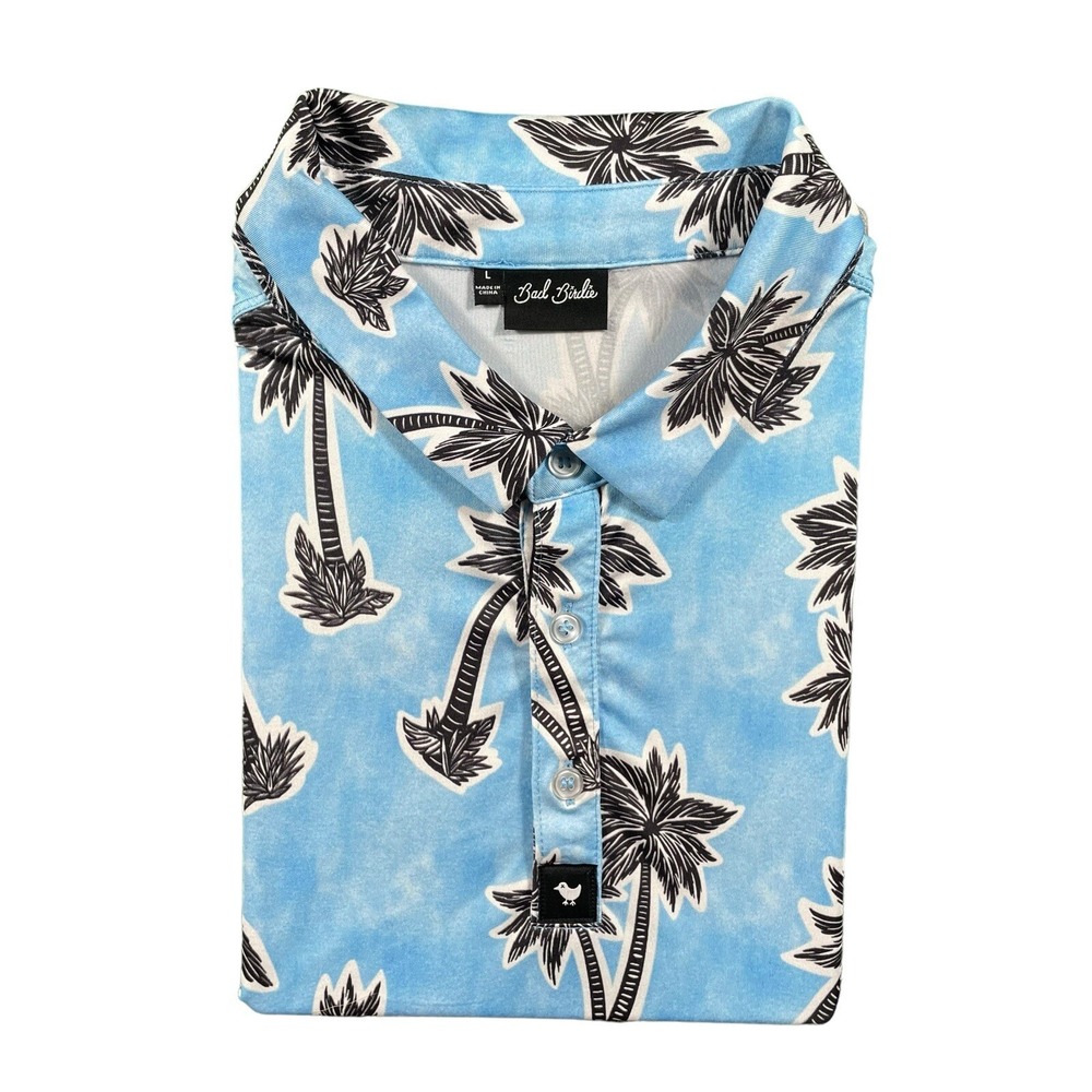 Bad Birdie Golf Performance Polo Shirt Light Blue Palm Trees AOP Mens Sz L EUC